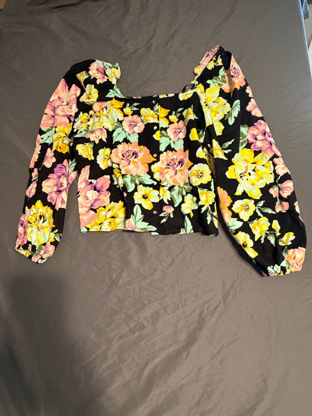 Who What Wear Black Floral Square-Neck Puff Sleeve Blouse